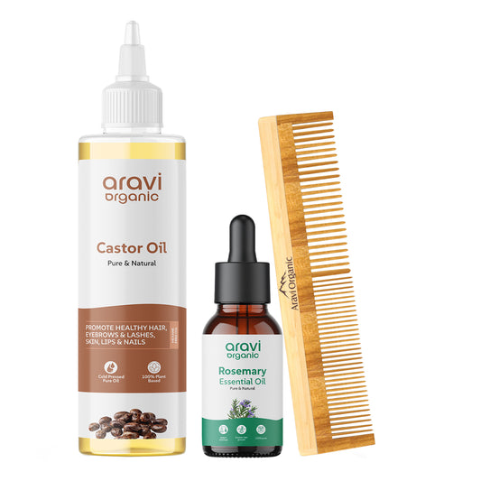 Cold Pressed Castor Carrier Oil And Rosemary Essential Oil & Neem Wood Comb Combo.