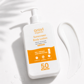 Oil free sunscreen body lotion SPF 50 PA++++ with no white cast, 200ml bottle by Aravi Organic