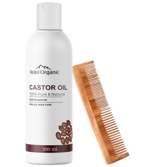 100% Pure Cold Pressed Castor Carrier Oil With Neem Wood Comb Combo.