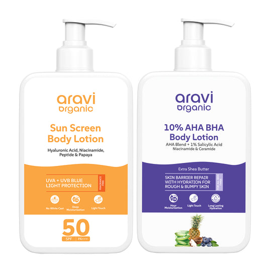 Aravi Organic De-Tan Body Lotion Combo | AHA BHA Body Lotion for Skin Renewal & SPF 50 PA++++ Sunscreen for Tan Protection
