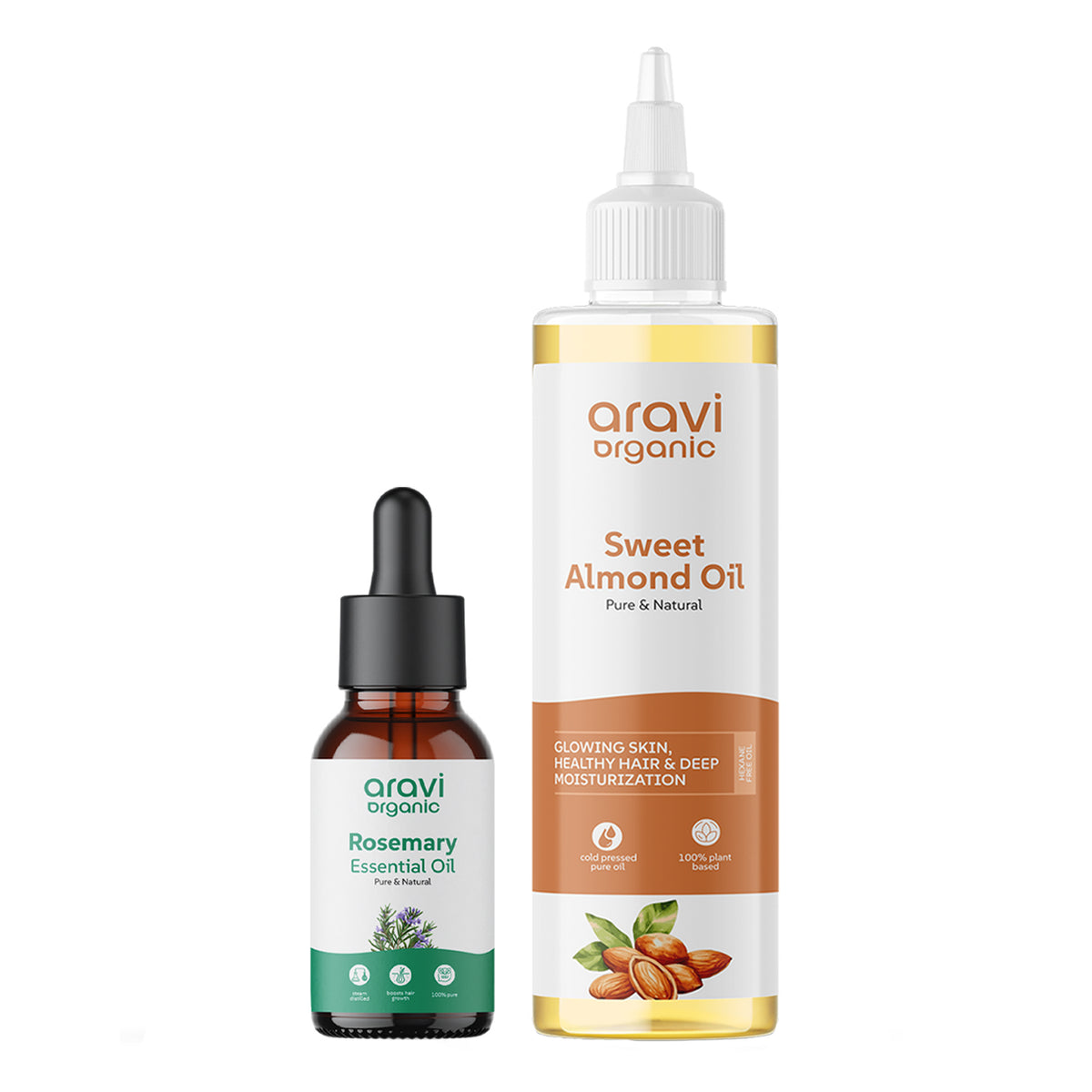 100% pure rosemary essential oil and cold pressed almond oil combo for hair growth by Aravi Organic