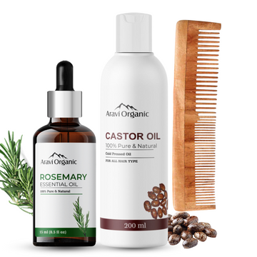 Cold Pressed Castor Carrier Oil And Rosemary Essential Oil & Neem Wood Comb Combo.