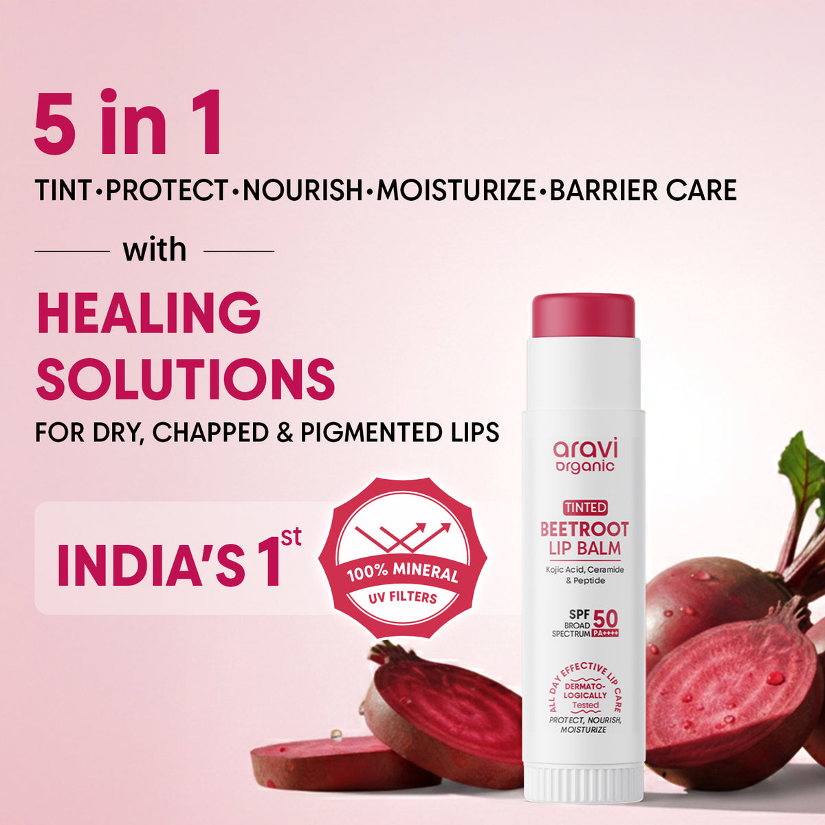 Beetroot tinted lip balm with kojic acid, 5g - Aravi Organic, view 2