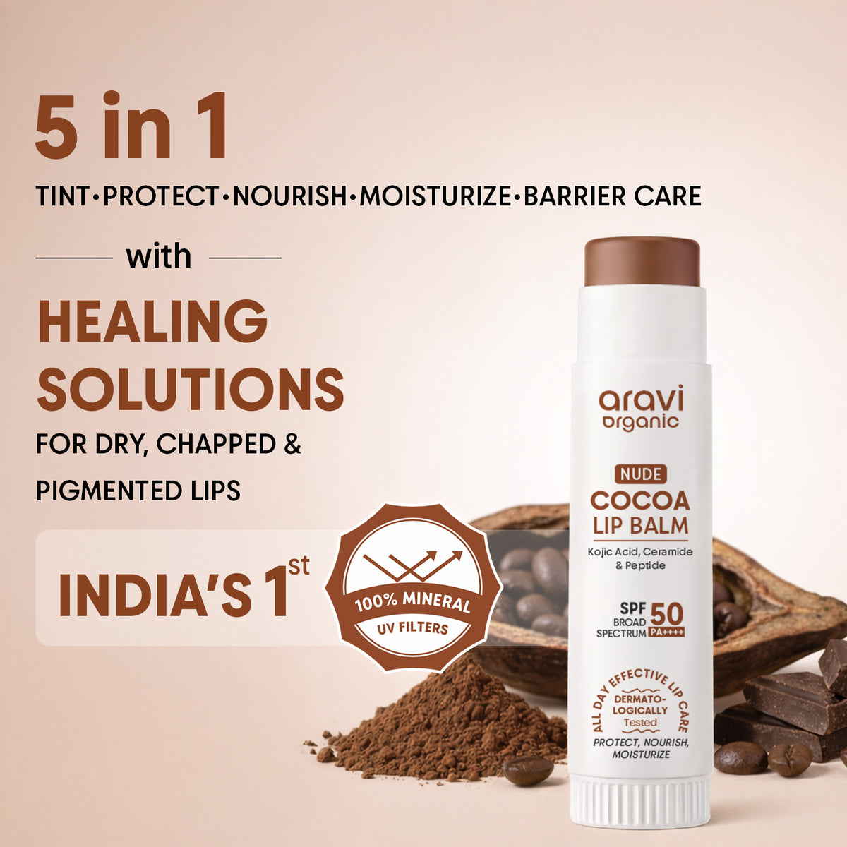 Nude cocoa lip balm with kojic acid, 5g - Aravi Organic, view 2