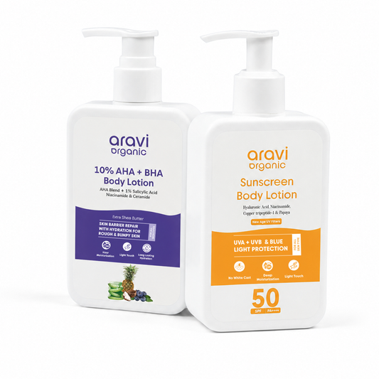 Aravi Organic De-Tan Body Lotion Combo | AHA BHA Body Lotion for Skin Renewal & SPF 50 PA++++ Sunscreen for Tan Protection
