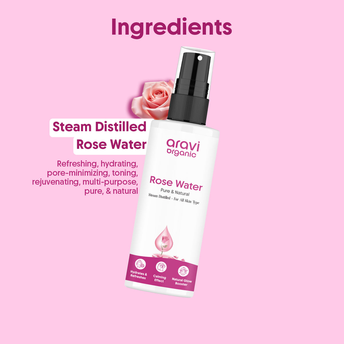 Pure rose water face spray 150ml - Aravi Organic, view 4