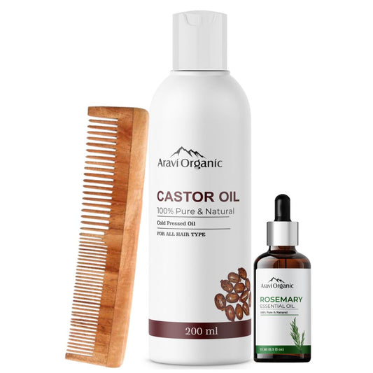 Cold Pressed Castor Carrier Oil And Rosemary Essential Oil & Neem Wood Comb Combo.