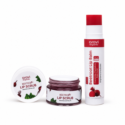 Beetroot lip balm and beetroot lip scrub combo for dry chapped lips by Aravi Organic