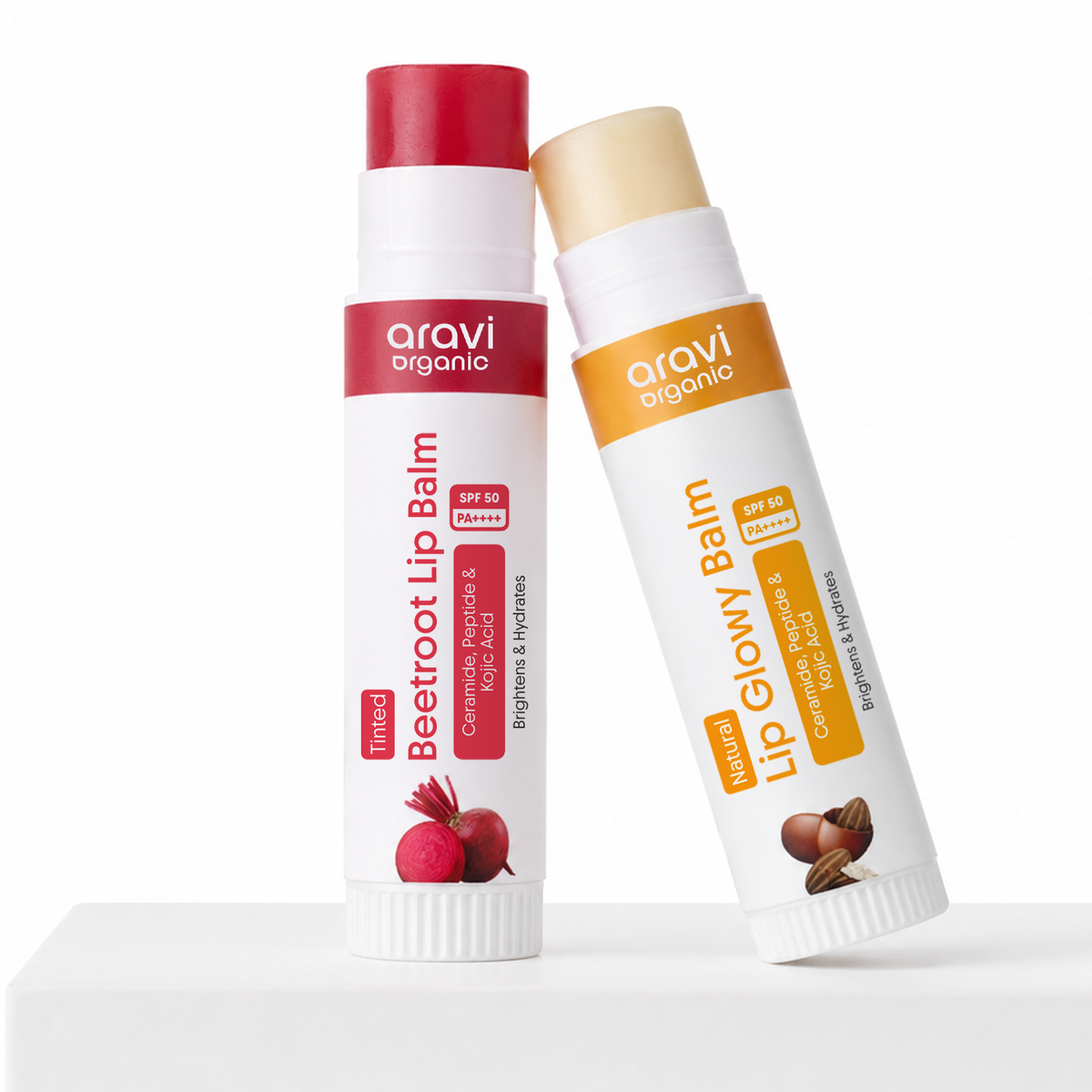 Tinted and untinted lip balm combo with SPF 50 PA++++, 5g each, by Aravi Organic