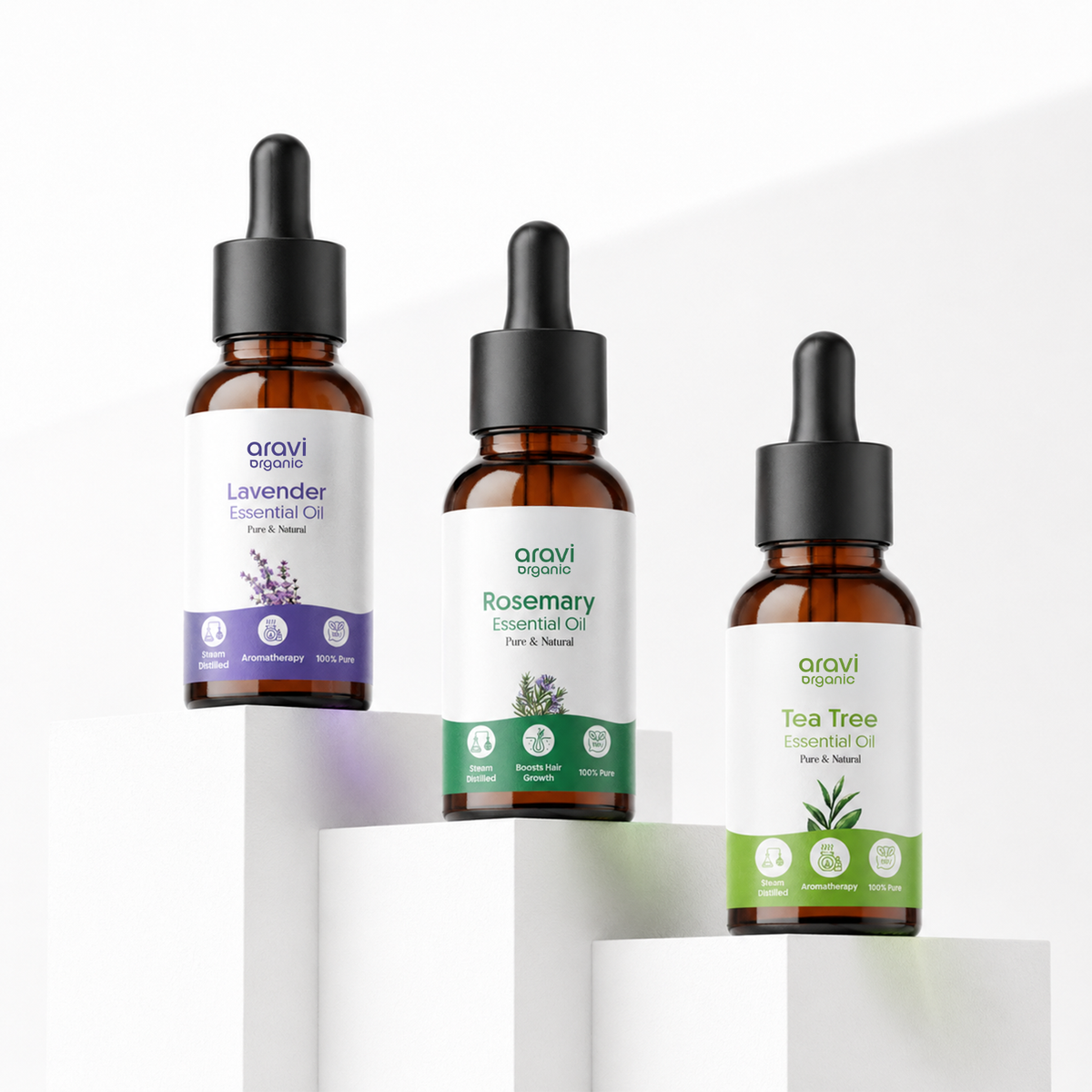 100% pure tea tree, lavender and rosemary essential oil combo, 15ml each, by Aravi Organic
