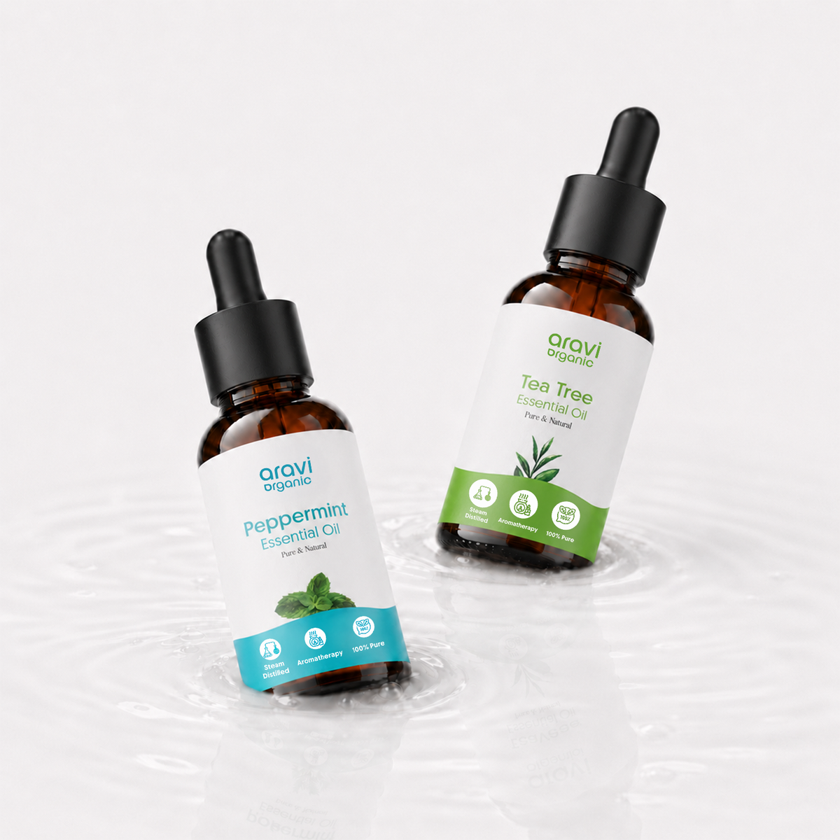 100% pure tea tree and peppermint essential oil combo for hair and skin, 15ml each, by Aravi Organic