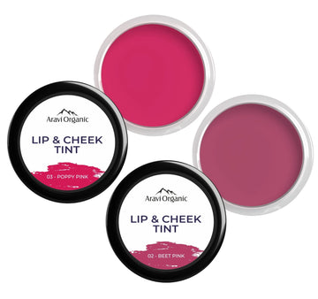 Lip and Cheek Tint for Everyday Use Of Poppy Pink with Beet Pink.