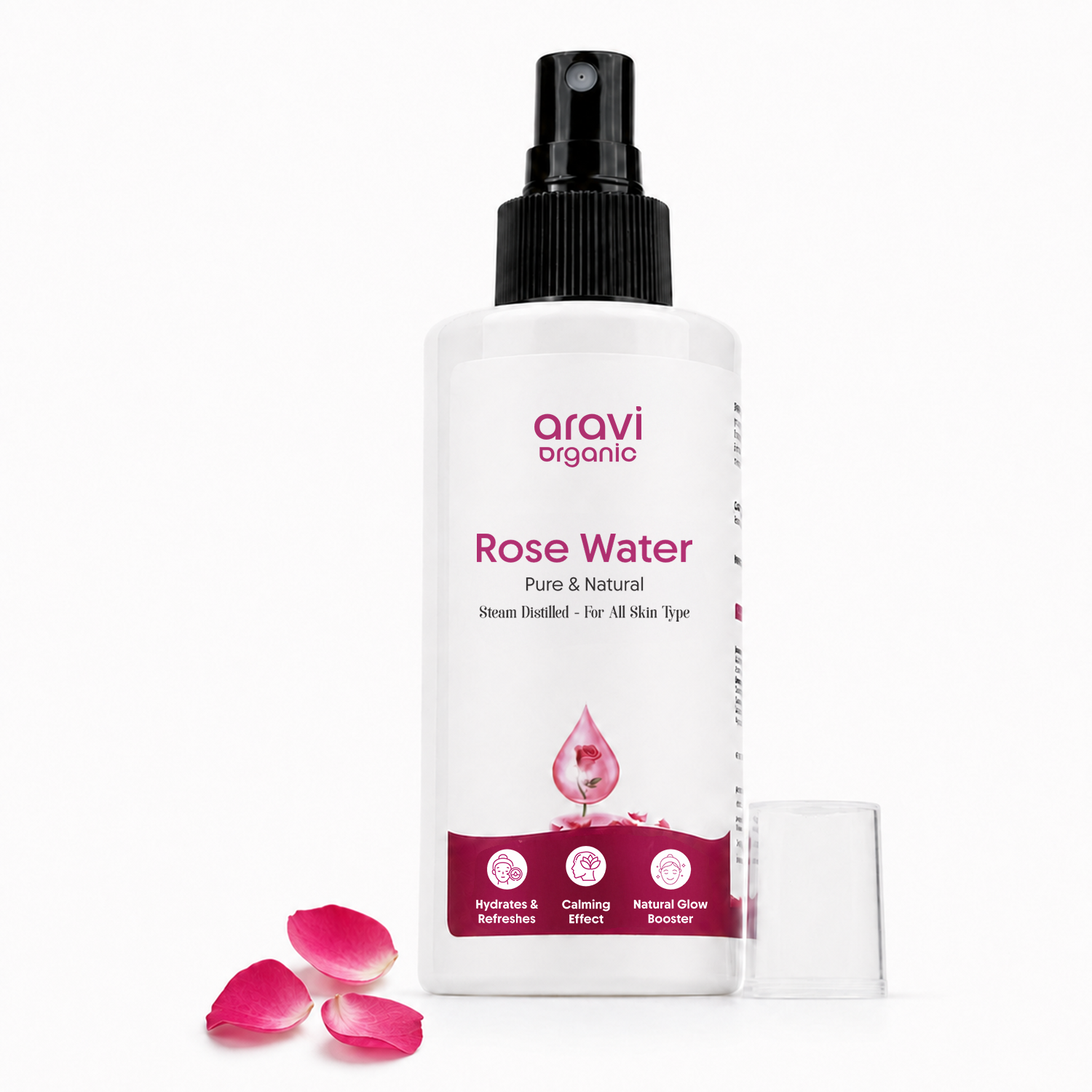 Steam distilled pure rose water face spray for skin brightening, 150ml bottle by Aravi Organic