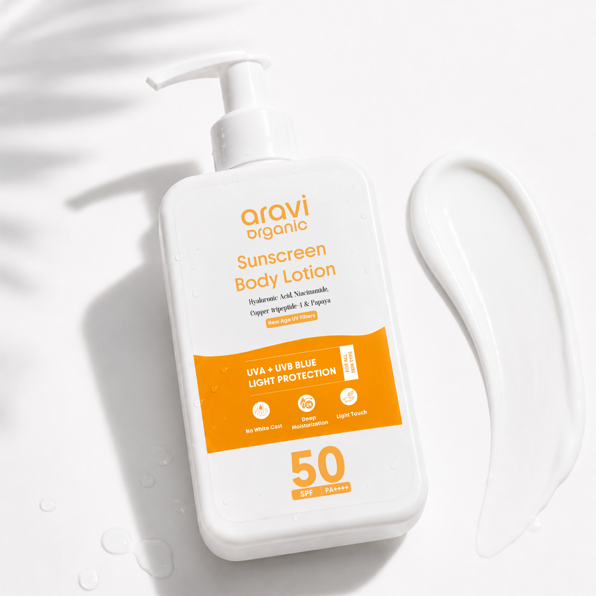 Oil free sunscreen body lotion SPF 50 PA++++ with no white cast, 200ml bottle by Aravi Organic