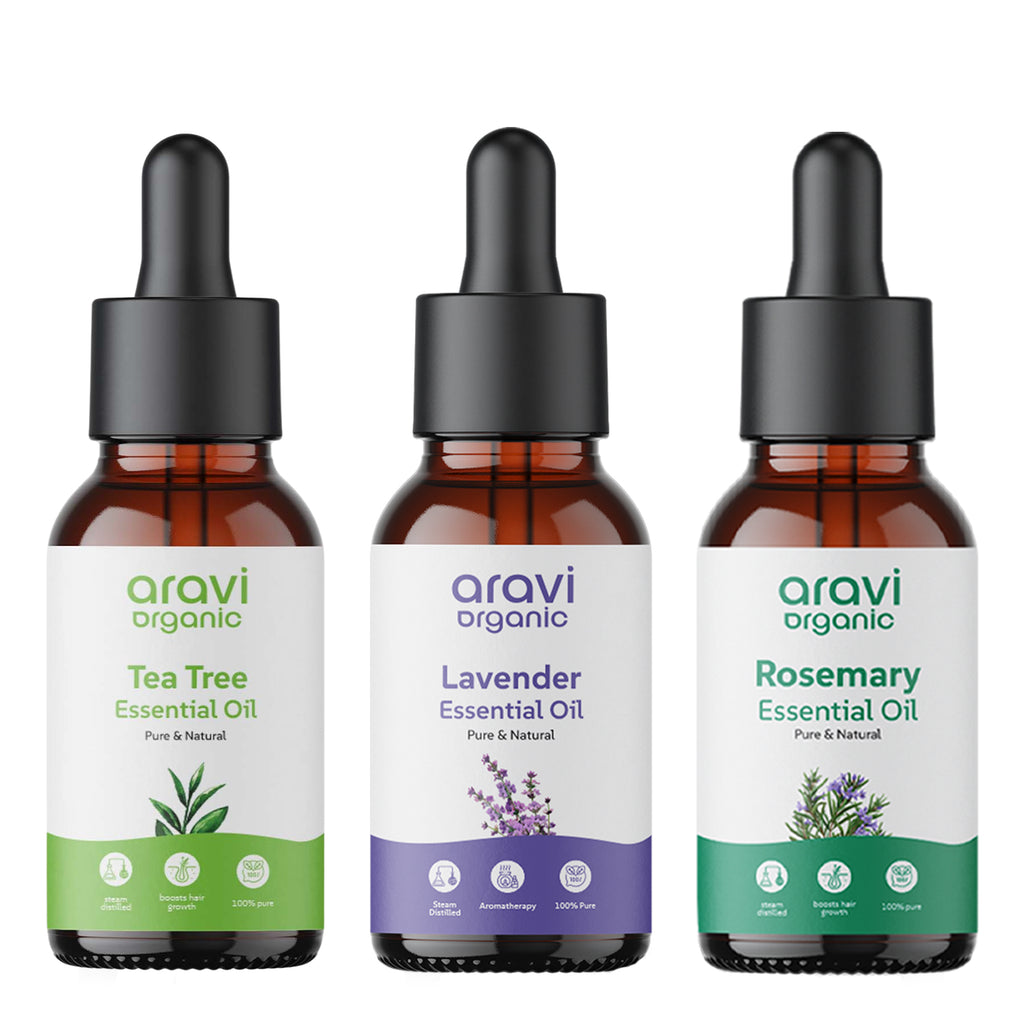 tea tree oil lavender coconut oil Tea Tree, Lavender and Rosemary Essential Oil Combo Pack. – Aravi Organic