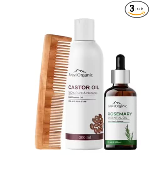 Cold Pressed Castor Carrier Oil And Rosemary Essential Oil & Neem Wood Comb Combo